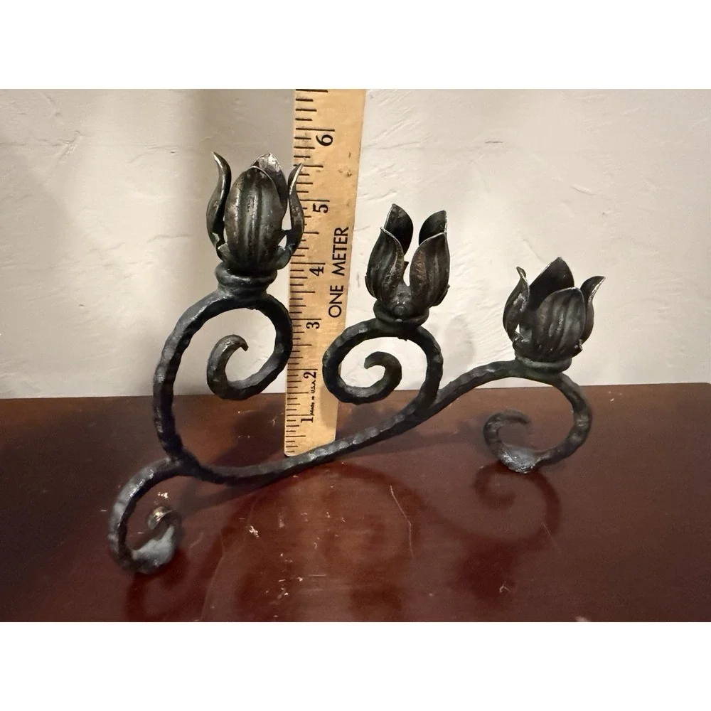 Metal Cast Iron Rose Candleholder  With 3 Flower‎ Buds Vintage